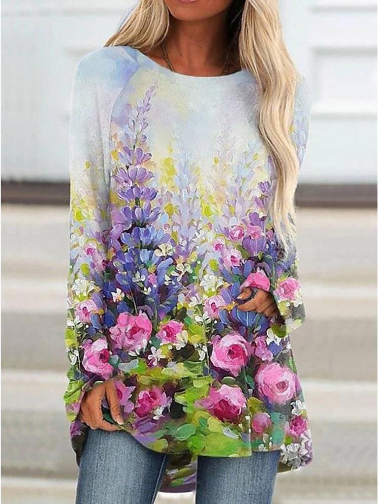 Plus Size Women Spring Butterfly Printed Comfy Long Sleeve Round Collar T-shirt Casual Baggy Mid Length Tee Tops