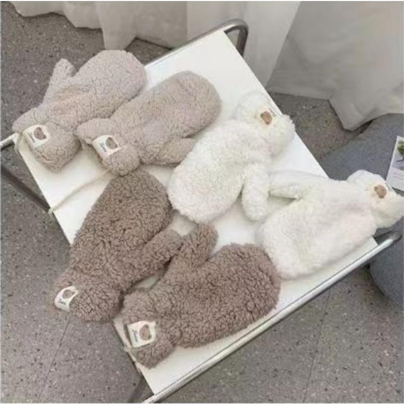 Winter Lamb Wool Bear Mittens Female Neck Cute Student Fleece Thickened Warm and Cold