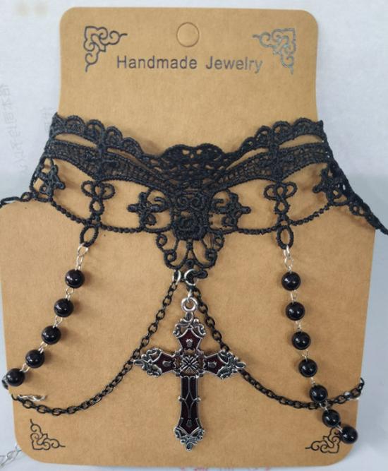 Pearl Tassel Cross Choker: Gothic Halloween Lolita Lace Necklace