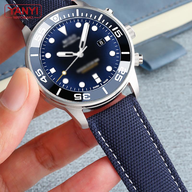 Nylon Watchband 22mm Leather Bottom Watch Strap for B-reitling M-ido O-mega Armani C-itizen Watches Band Canva Bracelet