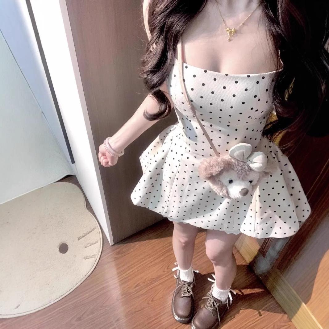 

Women s Summer 2025 Korean Polka Dot Camisole Dress - Waist-Cinching, Slimming A-Line Skirt XXL (Premium)
