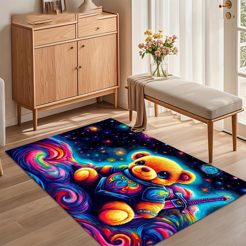 1pc Neon Bear Rug Psychedelic Galaxy Pattern Non Slip Floor Mat for Kids Bedroom Playroom Nursery Play Mat Home Decor Carpet