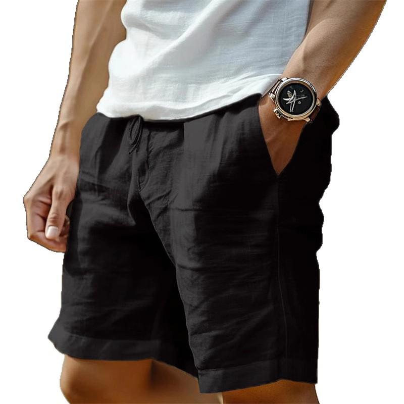 Cotton and Linen Shorts with Drawstring Elastic Waistband Straight Legs Solid Color Breathable Daily Beach Five Point Casual Men’s Shorts