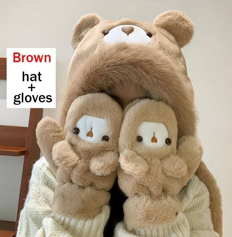 Winter Warm Windproof Balaclava Set with Attached Hand Covers - Polyester Furry Hat with Breathable Features, Hand Wash Only