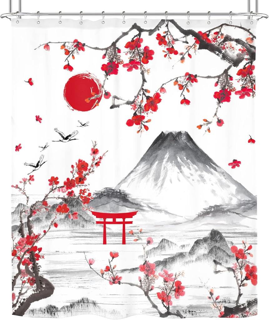 Japanese Shower Curtain Fuji Mountain Cherry Blossom Asian Anime Theme Burgundy Sun Koi Watercolor Floral Spring Cool Fabric