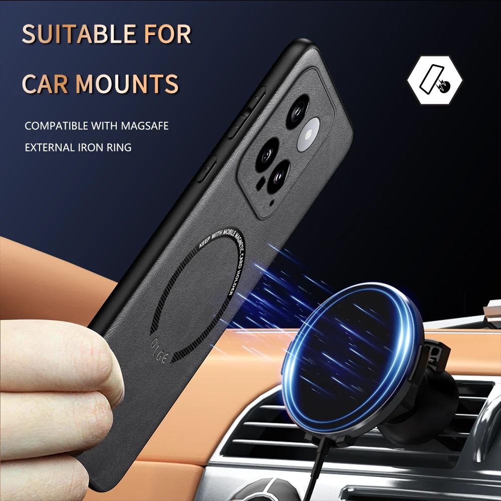 For Xiaomi 14 14 Pro Fine-Hole PU Cow Pattern Leather Outer Magnetic Ring Soft Edge Anti-Drop Phone Case