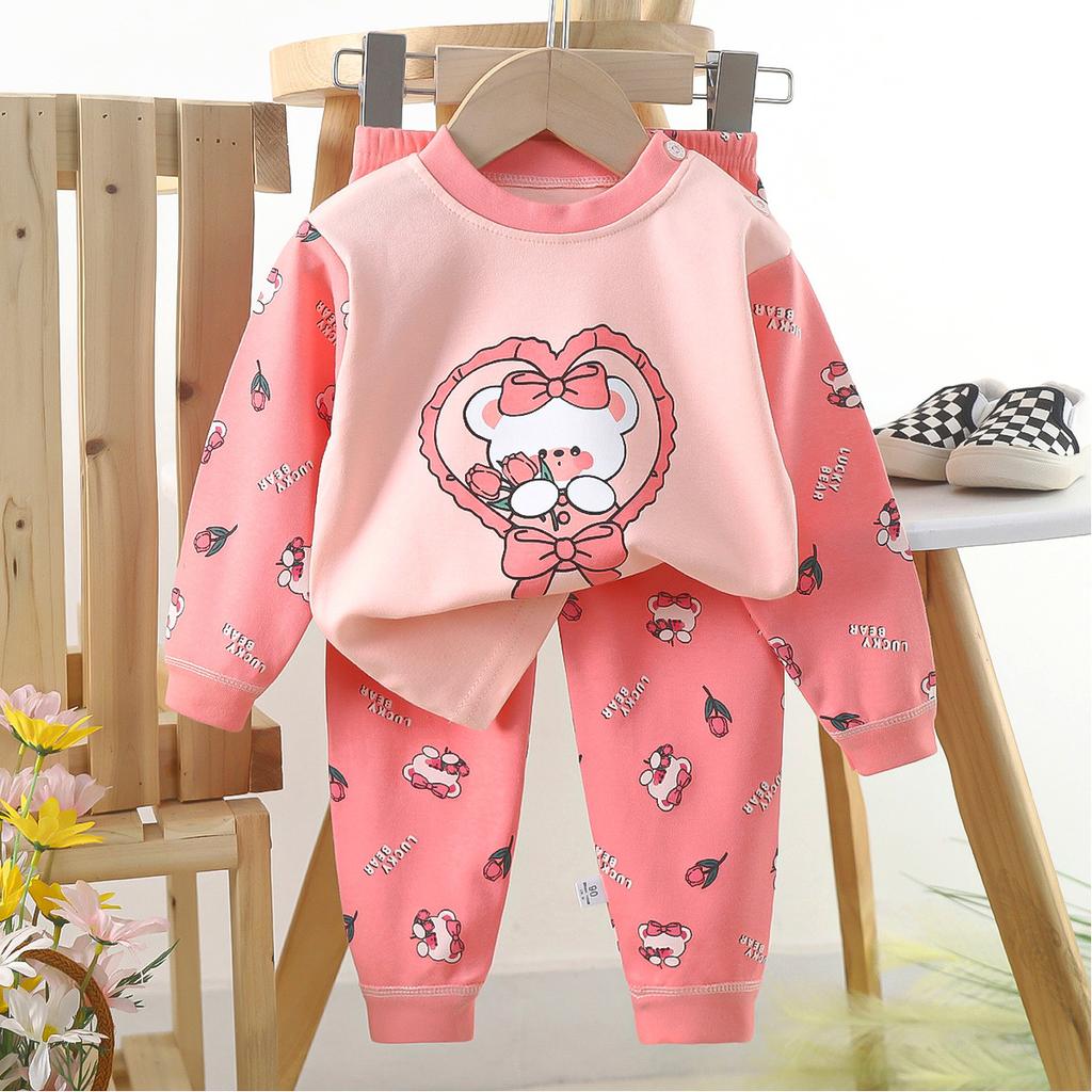 Cartoon Kinder 100% Baumwolle Unterwäsche Set Jungen & Mädchen Thermopyjama Weiches Langarm-Oberteil & Hose Gemütliche Homewear & Nachtwäsche