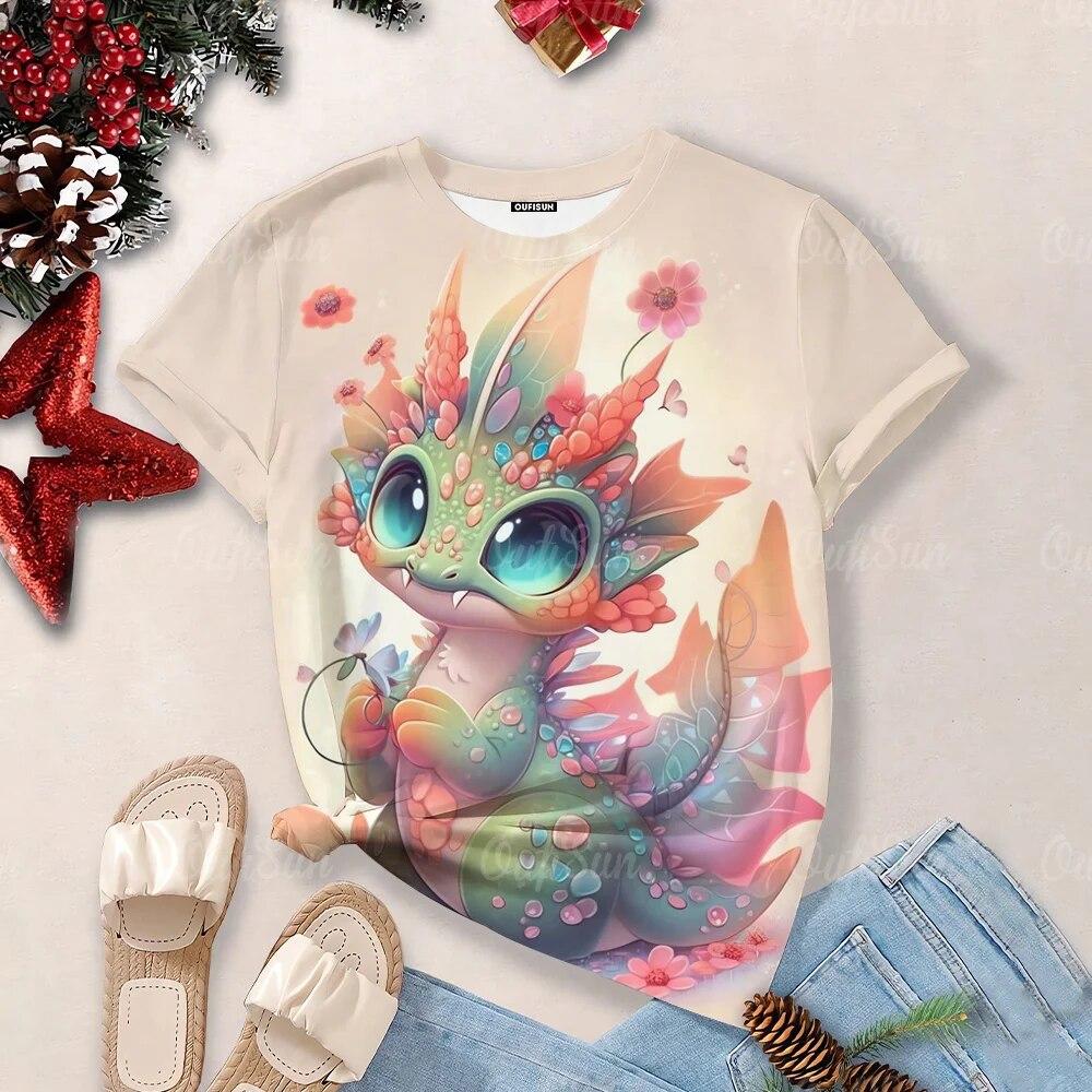 Women's Cartoon Dragon T-Shirt Fashion 3d T Shirt Fashion Near Short-Sleeved Oversized Streetwear Tees Casual Woman Tops