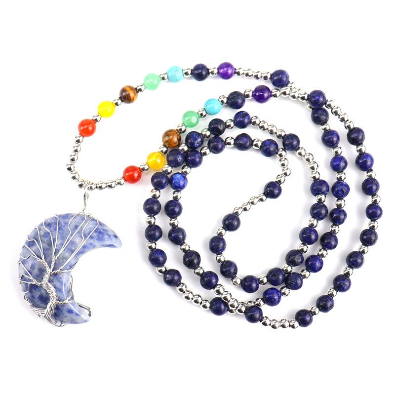 New Gold Plated Copper Wire-wrapped Moon Natural Stone Lucky Tree Necklace Colorful Bead Sweater Chain N563