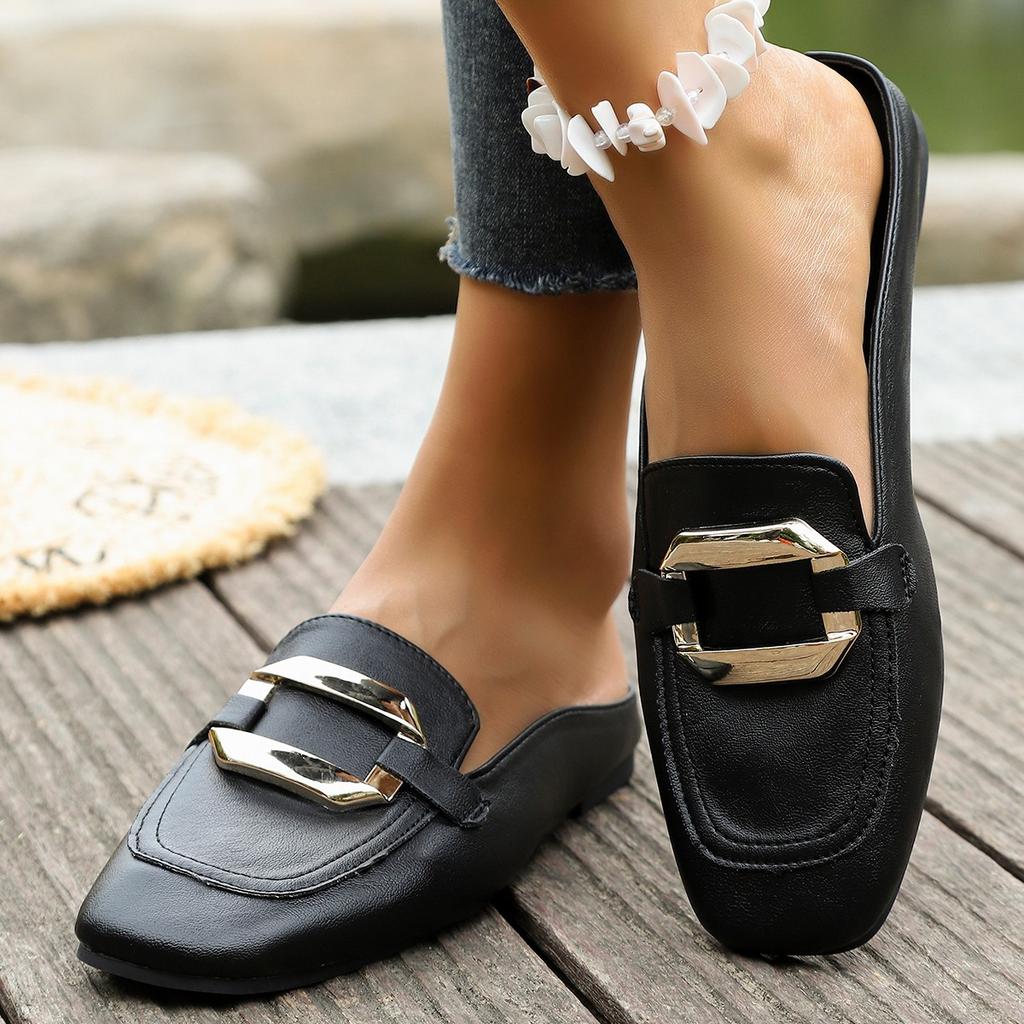 Foreign Trade Half Slippers Women's Summer Outer Wear 2025 Summer New Lazy Bag Head Metal Flat Single Shoes Casual Sandals