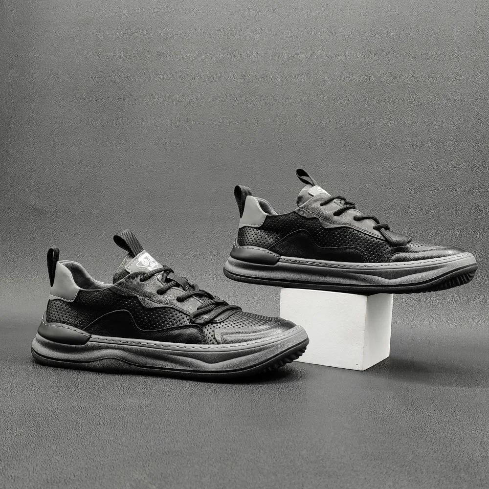 Høykvalitets Sneakers Flat med Ekte Skinnsko for Menn Pustende Utendørs Fritidssko Menn Platformsko Tenis Masculinos