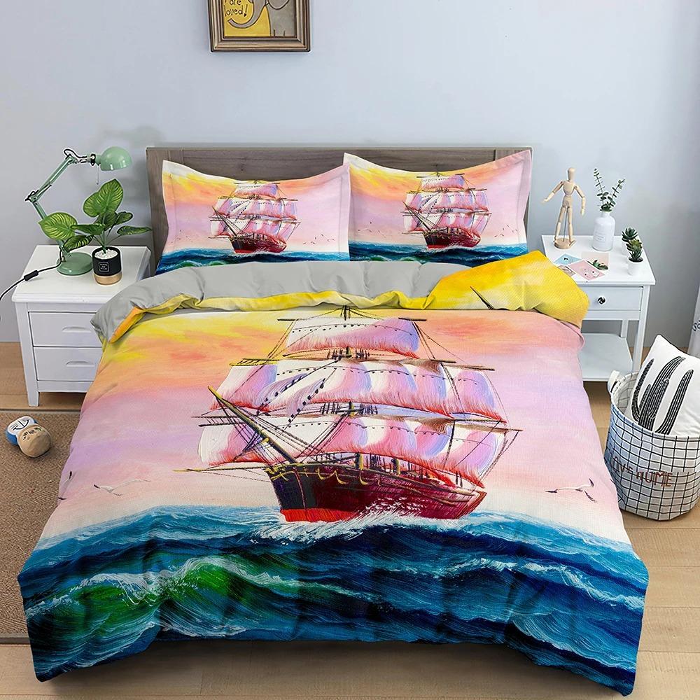 Sailing Ship Pattern Duvet Cover Set 3D Print Boat For Boys Teen Adult Bedding Set Polyester Comforter Cover Full King Twin Size