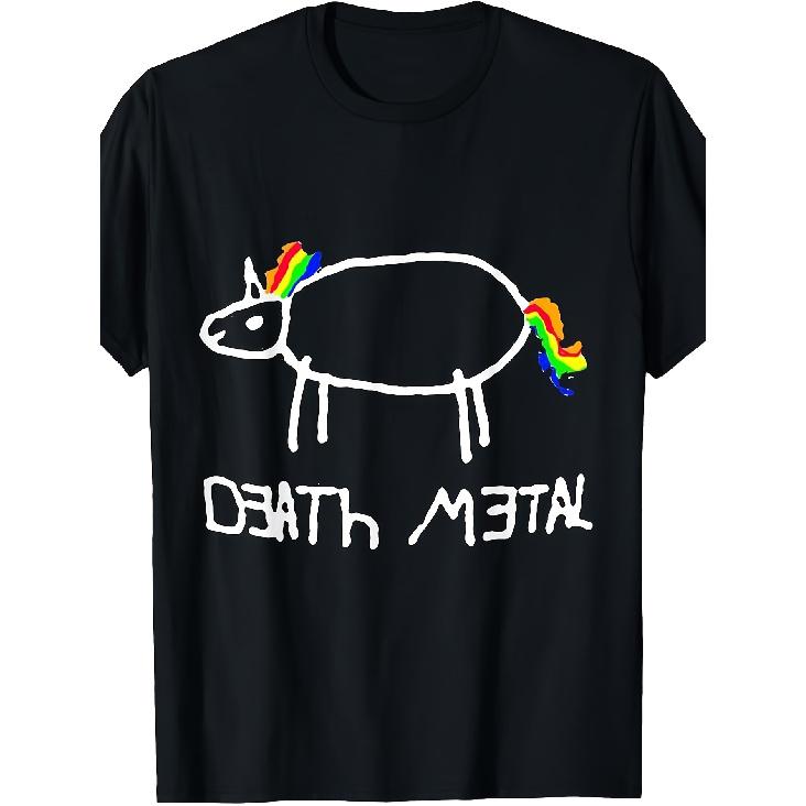 Men'S Heavyweight 180gsm Death Metal Unicorn Graphic T-Shirt - Edgy Gothic Music Festival Tee with Rainbow Stripes & Bold "Death Metal" Text, Plus