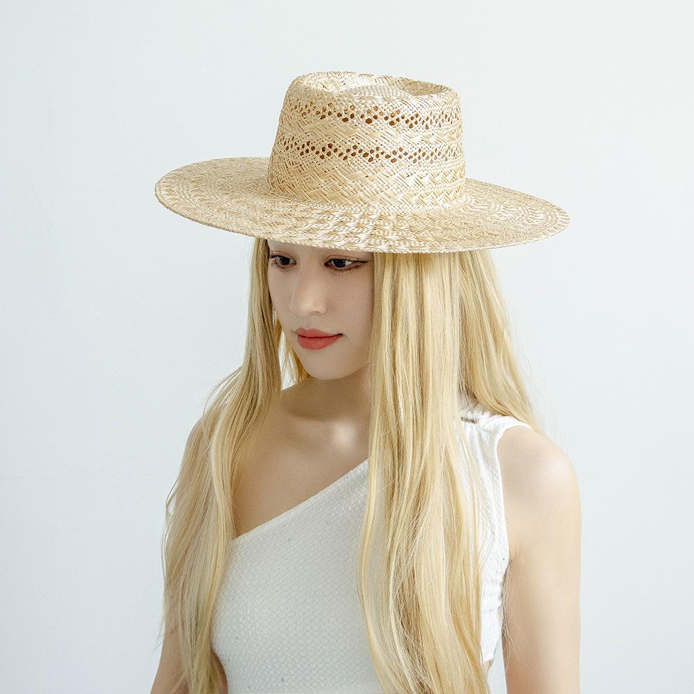 Spring and Summer Fashion Casual Wide Brim Retro Hand-woven Hollow Pattern Sisal Ring Flat Top Straw Hat Sunshade Sunscreen Straw Hat