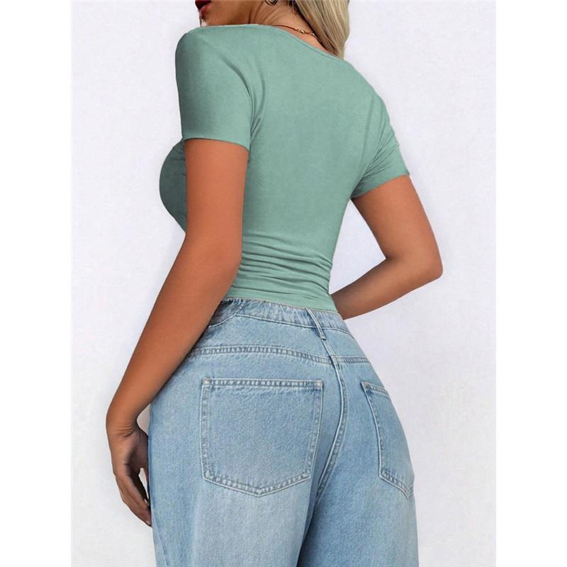 Women's Short Sleeve Square Neck Slim Fit Navel T-Shirt