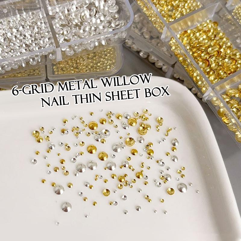 6 Grid/Box Gold Silver Half Round Rivets Nail Charms 0.8-3Mm Flat Back Round Metal Nail Bead Micro Ball Manicure Bead
