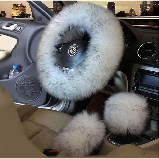 3pcs/set Winter Wool Car Steering Wheel Cover Long Australian Wool Heated Fur Steering Wheel Cover Handbrake Gear Shifter Cover