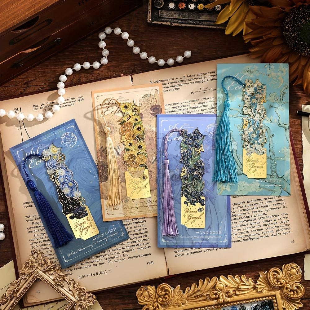 1pc Van Gogh Inspired Golden Hollow Metal Bookmark Artistic Oil Painting Design with Tassel, 8 Unique Window Shapes for Book Lovers