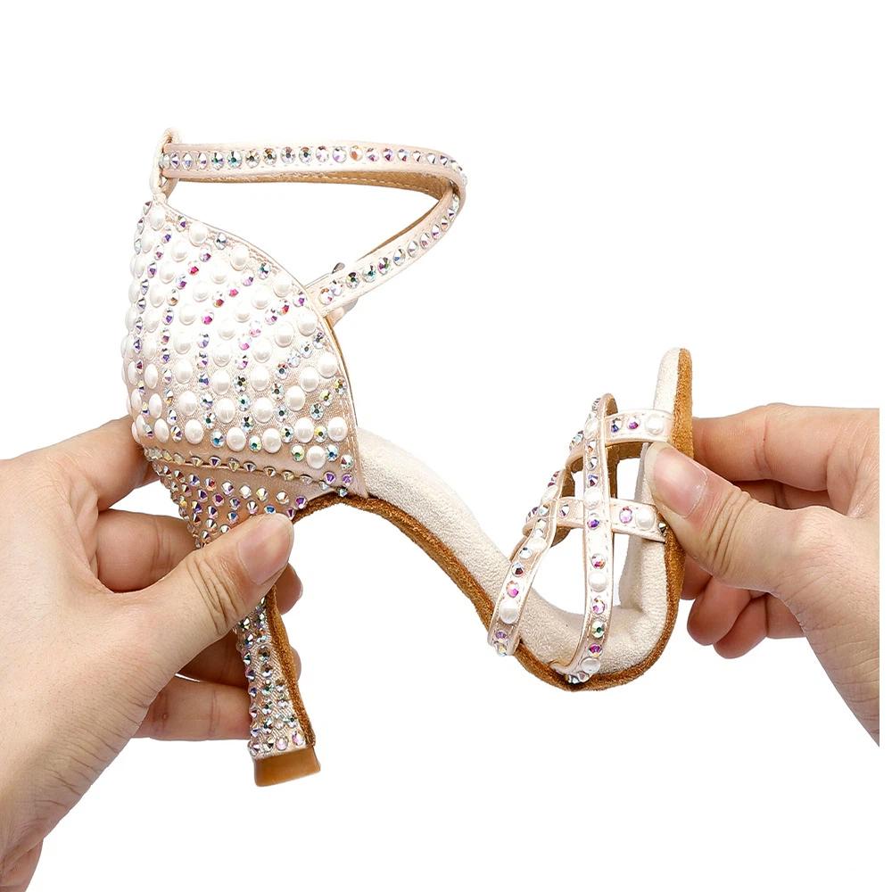 Damskie Buty do Tańca Łacińskiego, Wytłaczane Kolorowe Diamentowe Perłowe Sandały na Wysokim Obcasie, 7,5 cm Miękka Podeszwa Buty do Treningów Scenicznych