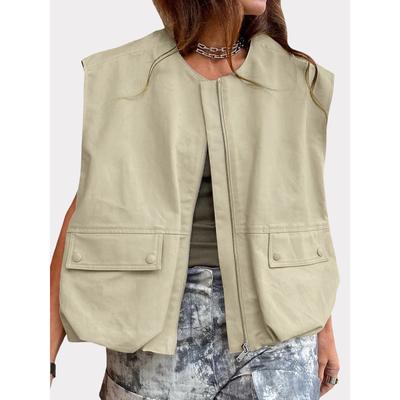 Colete com Zíper Feminino Jaqueta Fashion Sem Mangas Cor Sólida Jaqueta Oversized Caimento Solto Verão
