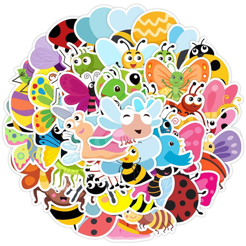 50 Cartoon Insect Waterproof Stickers for Water Bottles, Phones, Luggage, DIY Bug Decals
