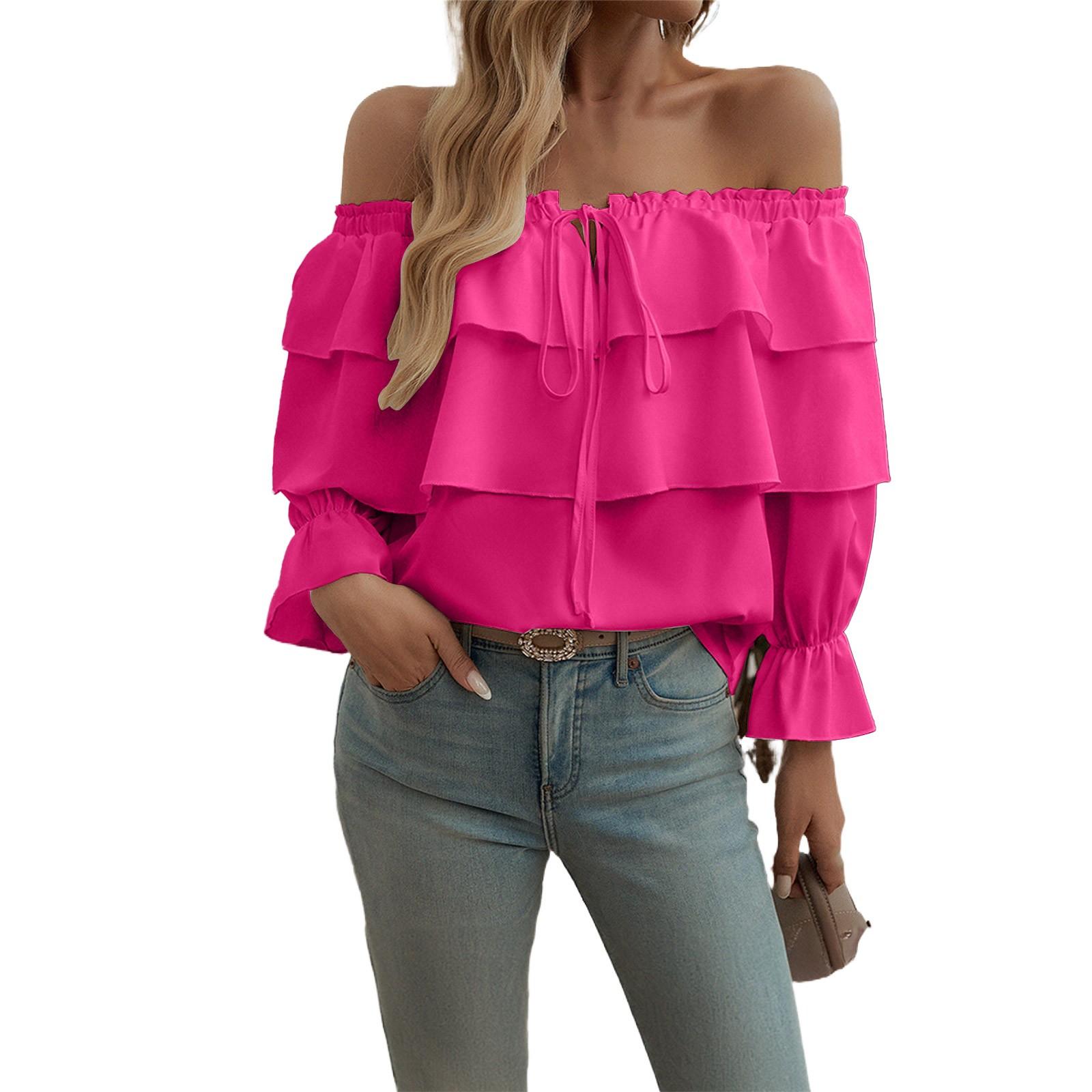 

Женский свободный повседневный однотонный топ с оборками и короткими рукавами, модный топ с длинными рукавами M