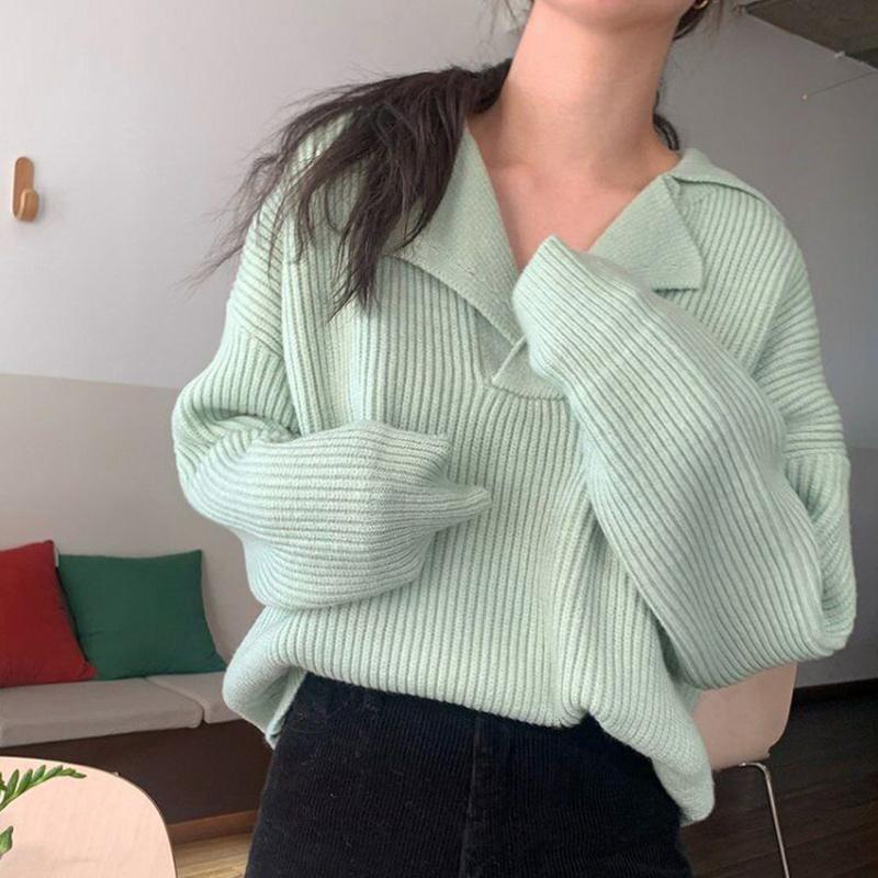 

Hirsionsan, осенний простой базовый кашемировый джемпер, женские повседневные однотонные пуловеры с v-образным вырезом, женские свободные ленивые вязаные свитера с длинными рукавами one size зелёный