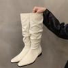 Women's Knee High Boots Sexy Pointed Toe Stiletto Heel Leather Boots Pleated Stack Long Tube Boots Slim Knight Boot Botas Mujer