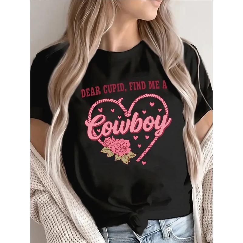 Olyester Short Sleeve T-Shirt Dear Cupid, Find Me a Cowboy Heart Design for Valentine s Day, Casual Wear, Lightweight and Comfortable S чёрный