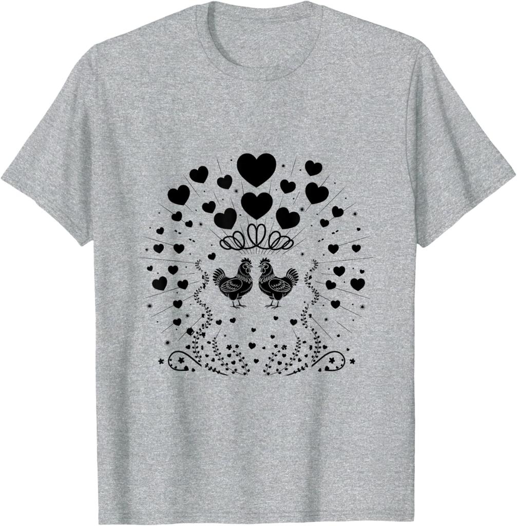 Chicken Couple Hearts Valentine Farm Animal Graphic Tee Soft Cotton Casual Daily T-Shirt