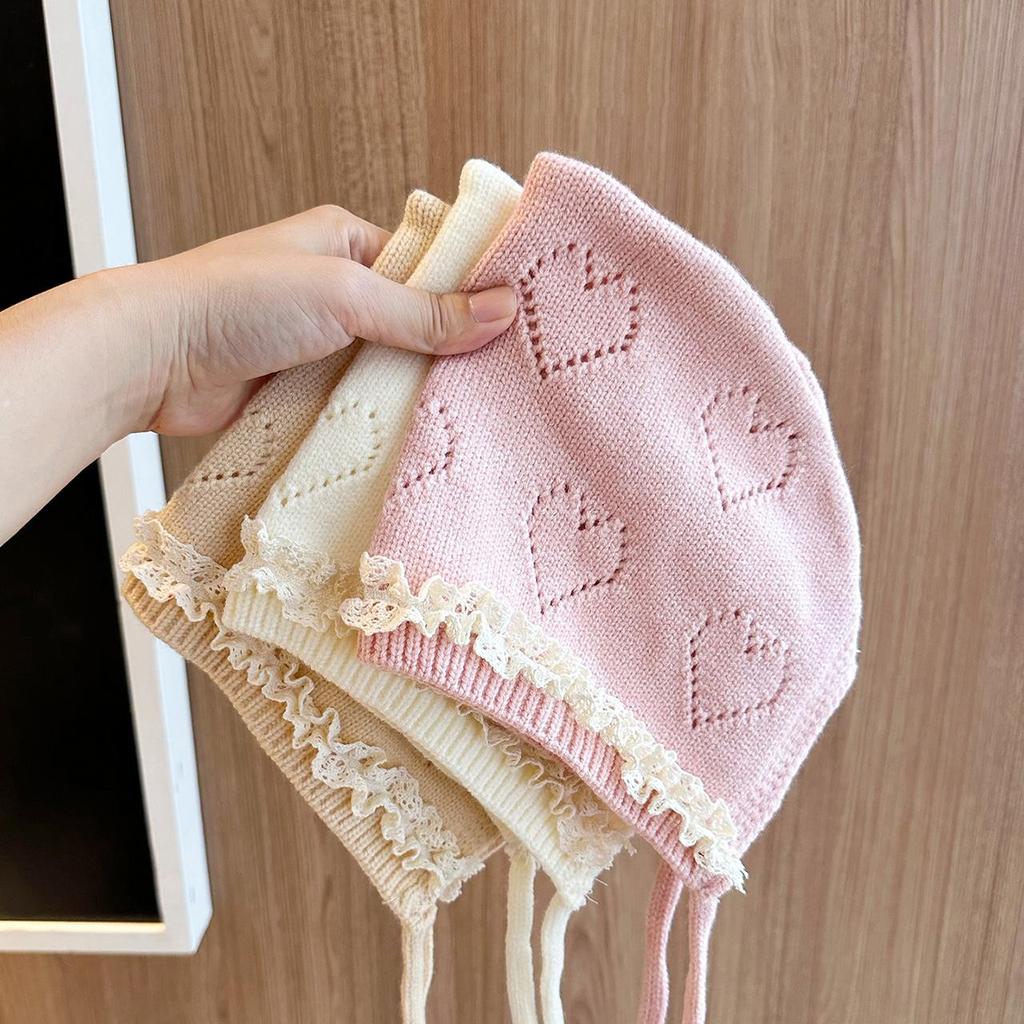 Winter Warm Newborn Fetal Hats Kids Tie Beanies Princess Lace Pointed Knitted Hat Toddler Soft Woolen Crochet Bonnet