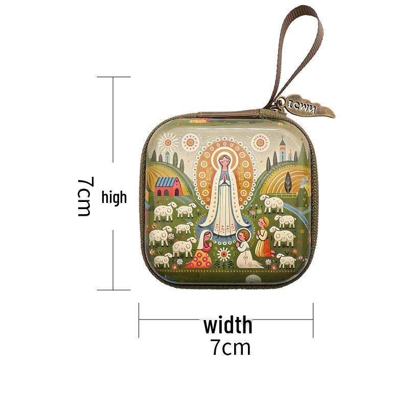 Square Cartoon Rosary Pouch with Feather Zipper, 7x7cm, 3.3cm Thick - Original Cross-Border Design