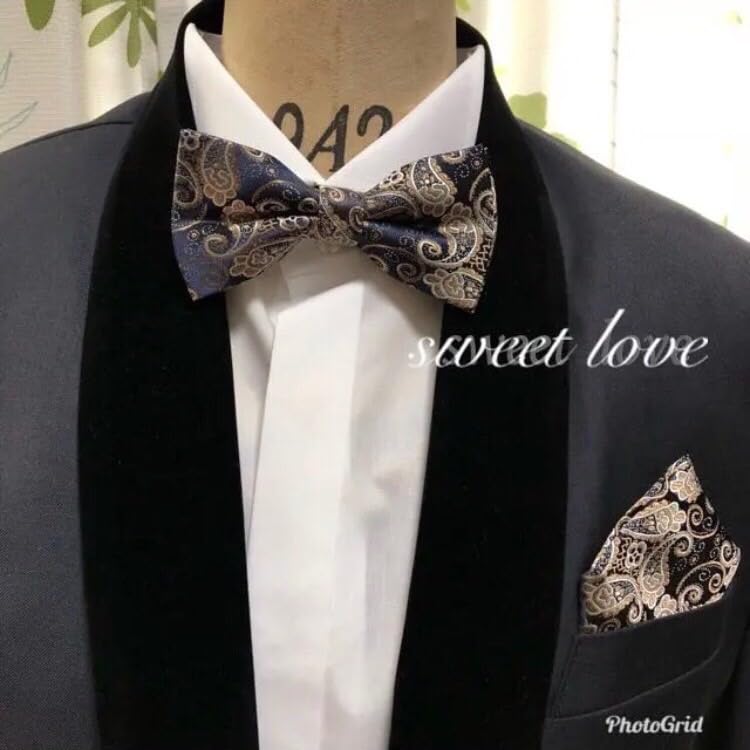 Champagne Gold Paisley [Bow Tie & Pocket Square] 2-Piece Set for Men - One-Touch Fit - Casual & Formal