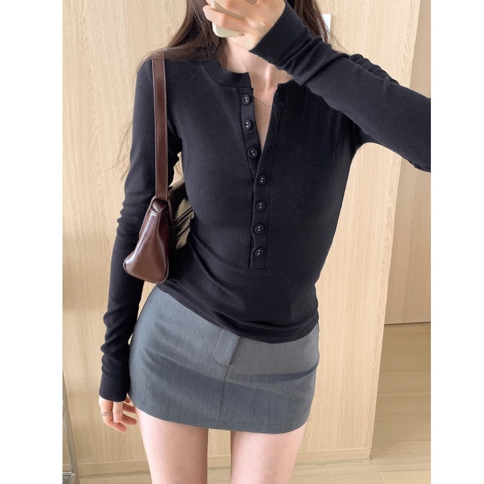 Pure Slim Fit Inner Long-sleeved T-shirt for For Women New Autumnal and Spring New Design, Shoulder-oriented Sexy Button Base Shirt