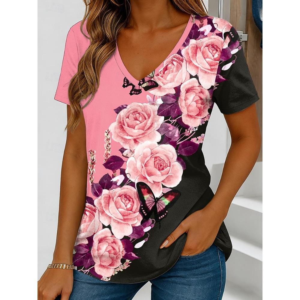 Women's Color Block Floral Print T-Shirt, Vintage V-Neck Short Sleeve, Blue Pink Purple Green, Spring Summer