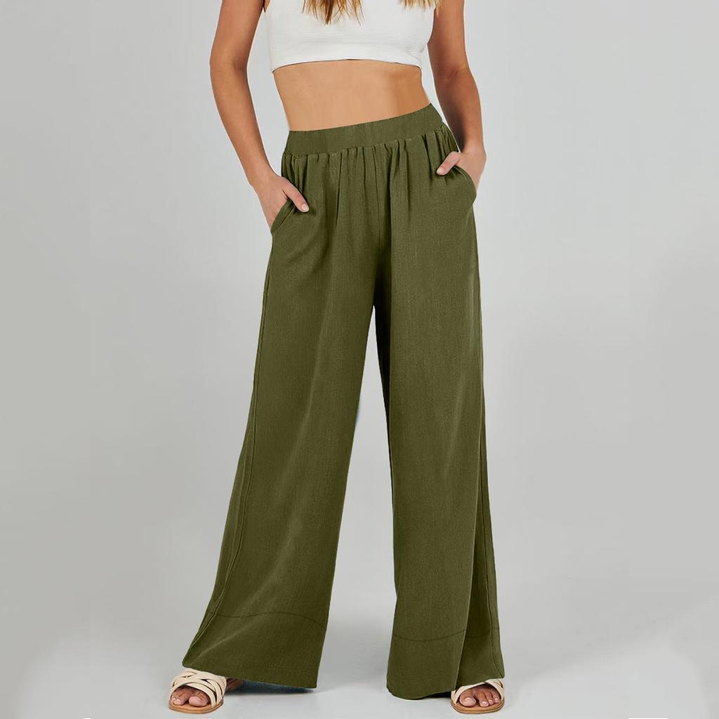 Women's Loose High-waisted Cotton And Linen Solid Color Straight-leg Flared Pocket Wide-leg Pants