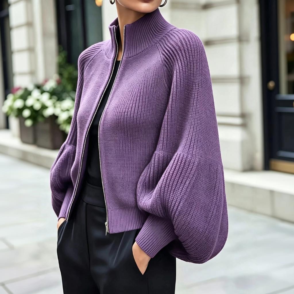 Women's Fall Winter Cropped Zip-Up Knit Cardigan with High Stand Collar, Sleeves and Fabric