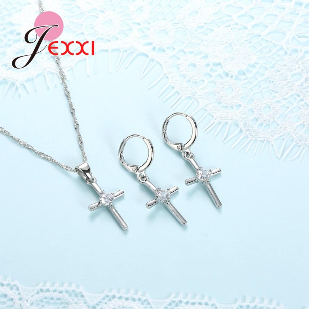 925 Sterling Silver Jewelry Set With Cross Shape White Crystal Pendant Necklace Hoop Earring Sets For Women Wedding Party