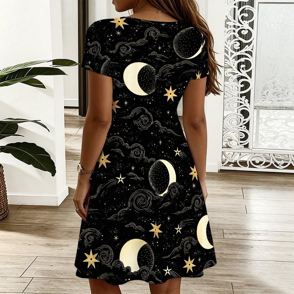 Plus Size Ladies V Neck Short Sleeve Dress Abstract Printed Loose Casual Dress For Summer Holiday Outfit