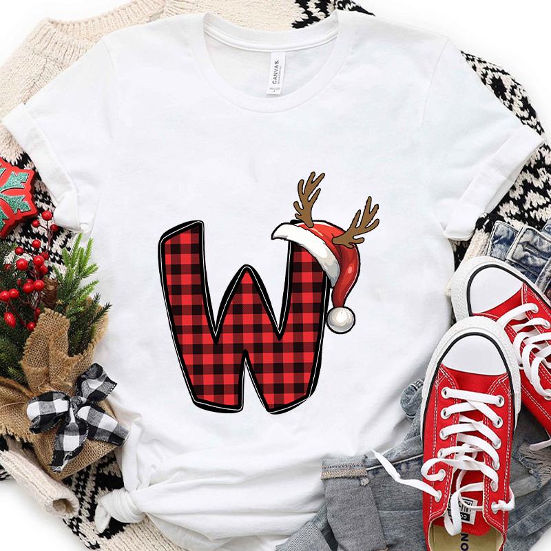 Christmas Alphabet AZ Letter Print Womens Tshirt Santa Graphic Casual Holiday Fashion Top Xmas Party Tees shirt for Women