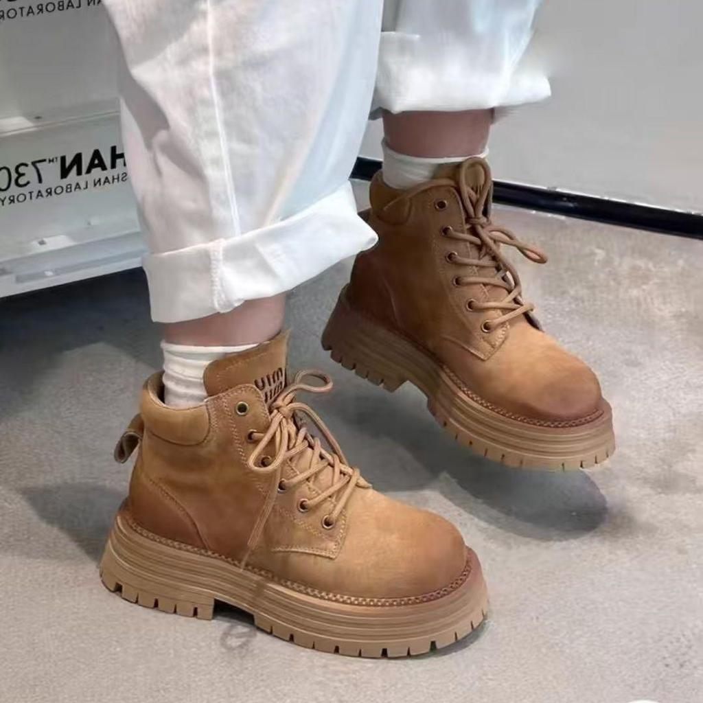 Warme braune High-Top Damen Martin Boots - Dicksohlig, Höhenvergrößernd, Britischer Stil, Herbst/Winter Trend