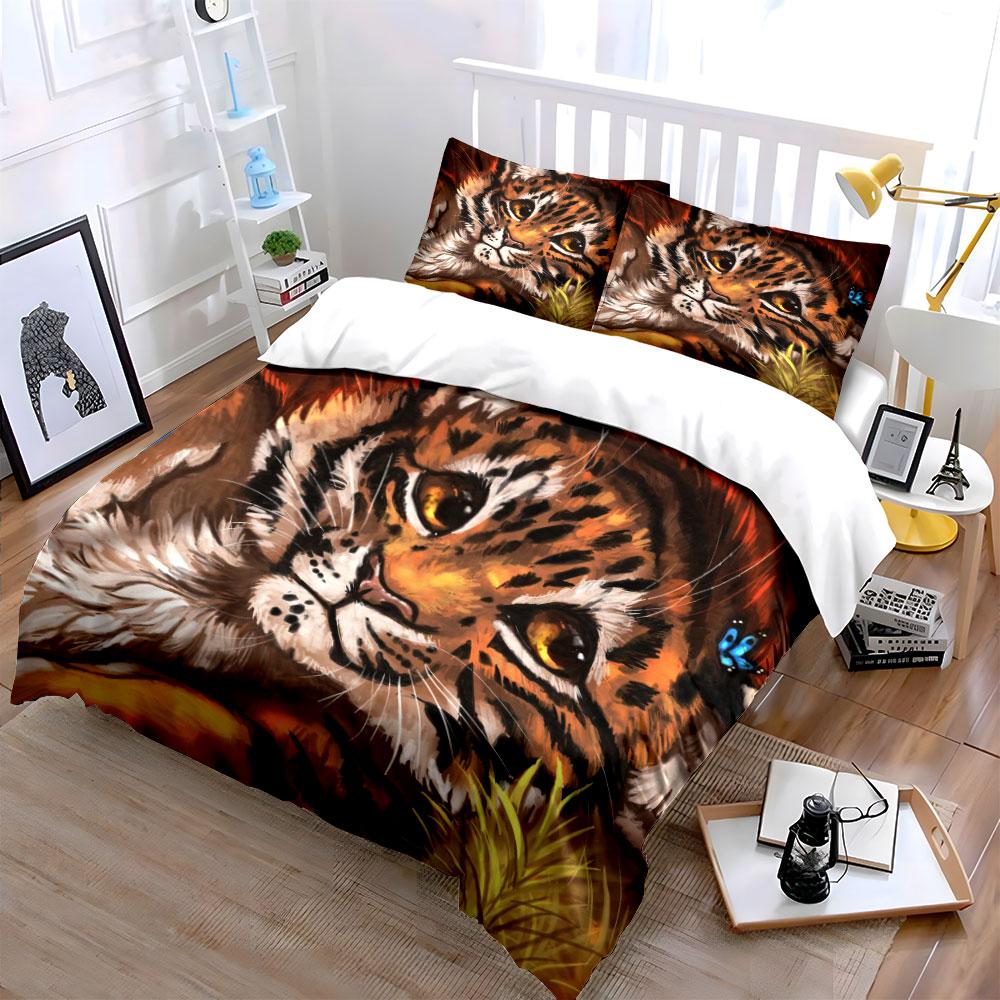 3Pcs Cute Clouded Leopard Bedding Set, Big Cat With Blue Butterfly Print Duvet Cover + 2 Pillowcases, Wildlife Art Decor