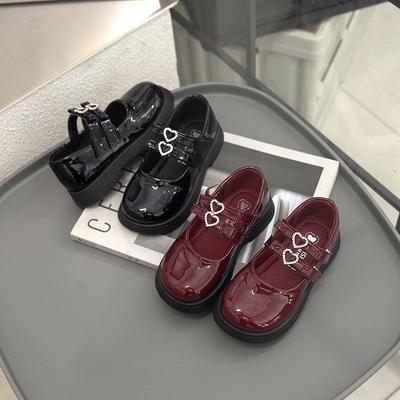 Sapatos de couro infantil para a primavera Vinho Vermelho Preto Elegante Mary Janes para meninas Chunky Hook-loop Lindo sapato infantil confortável