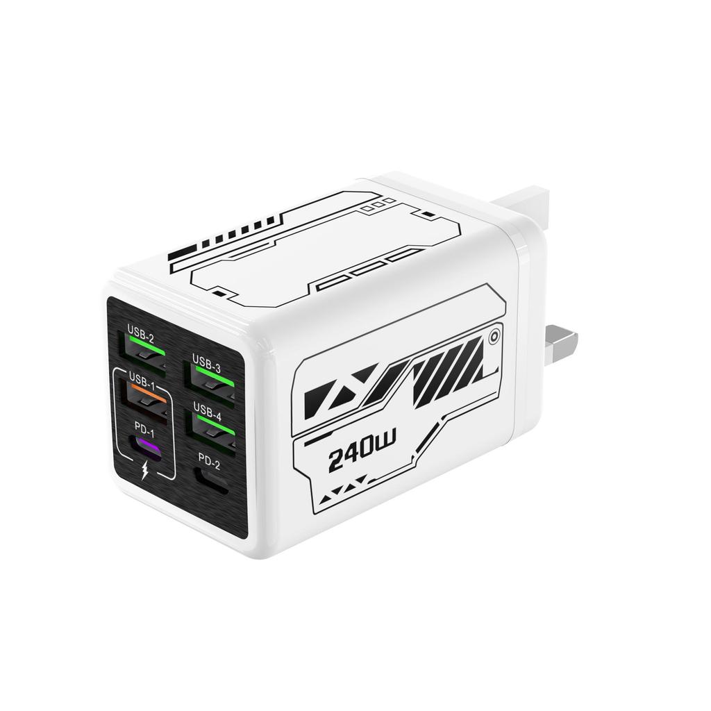 Mecha Style PD240W Fast Charger: 4-USB & 2-Type-C Ports, Compatible with Apple & Huawei Devices