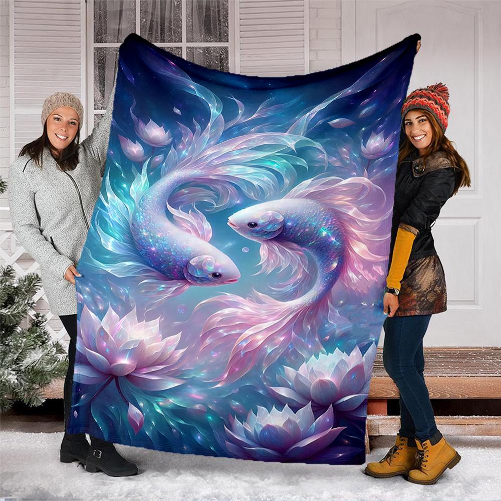 1pc Fantasy Fish Artwork Throw Blanket Polyester Fiber, Lightweight Flannel, Soft & Warm, All Season Use for Outdoor, Camping Digital Print