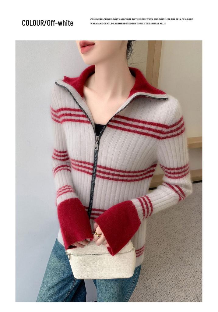 Color Block Slim Fit Cashmere Cardigan - Women's High Collar Zipper Sweater.