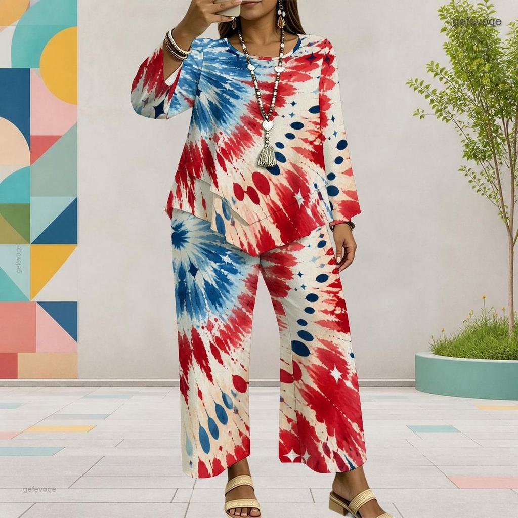 Women Plus Size Red Blue White Printed Two Piece Set Round Neck Long Sleeve Layered Top Wide Leg Cropped Pants