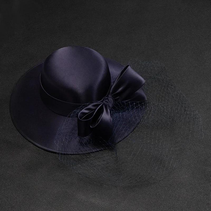 Dámský klobouk se saténovou mašlí ve francouzském stylu - Elegantní svatební fedora a sluneční klobouk pro banket, svatební večírek
