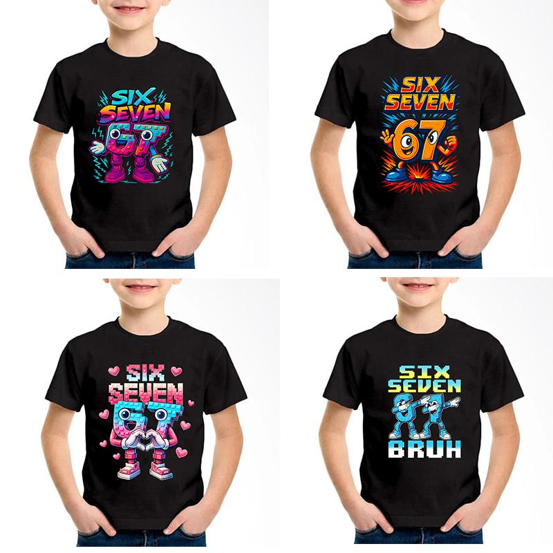 Neues lustiges Sechs Sieben Italienisches Gehirnfäule 67 Nummern Grafikdruck T-Shirt Junge/Mädchen Sommer Kurzarm Kinder Bequemes T-Shirt Top