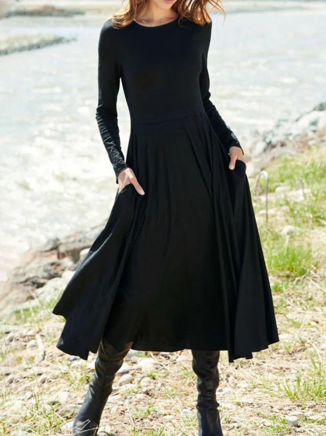 Women'S New European And American Wish Long-Sleeved Crew Neck Solid Color Long Women'S Dress